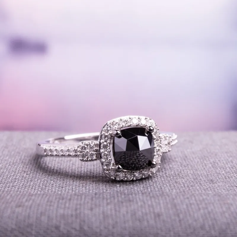 Miadora 14k White Gold 1ct TDW Cushion-cut Black and White Diamond Halo Engagement Ring sold by Zulily