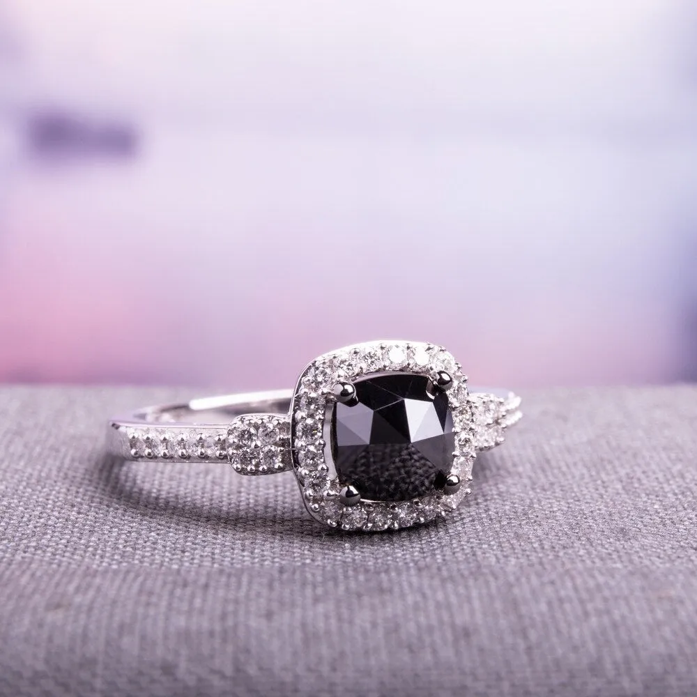Miadora 14k White Gold 1ct TDW Cushion-cut Black and White Diamond Halo Engagement Ring sold by Zulily