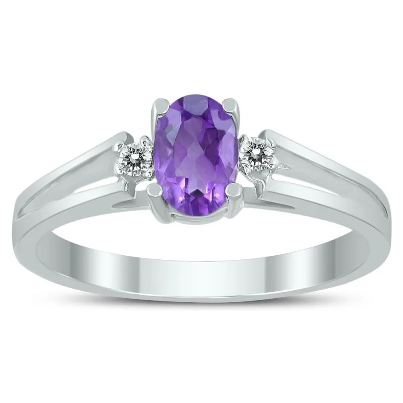 6X4MM Amethyst and Diamond Open Three Stone Ring in 10K White Gold sold by Zulily