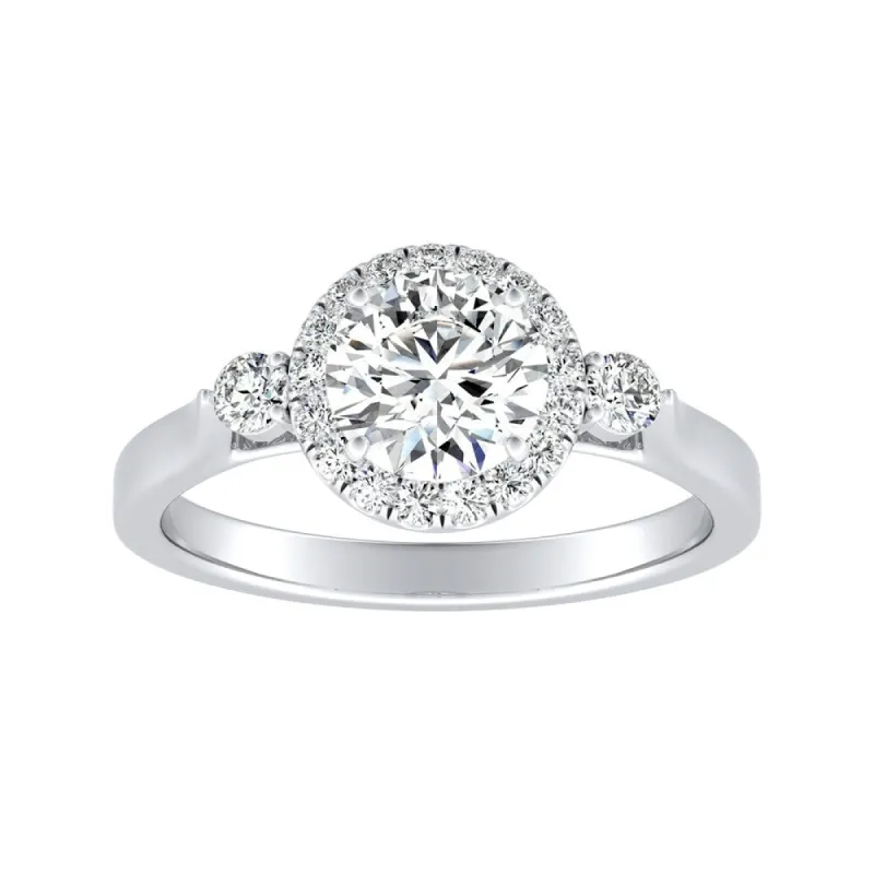 Auriya 14k Gold 3-Stone 3ct Round Moissanite and 1/4ct TDW Diamond Halo Engagement Ring sold by Zulily