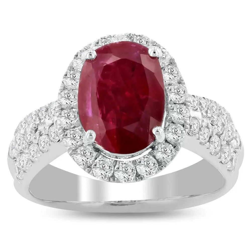 Auriya Platinum GIA Certified 2 3/4ct Oval-Cut Rare Unheated Ruby and 1ct TDW Diamond Halo Engagement Ring sold by Zulily