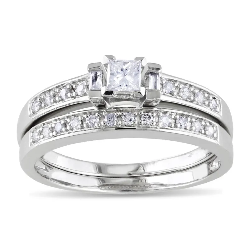 Miadora Sterling Silver 1/3ct TDW Princess, Baguette and Round-cut Diamond Bridal Ring Set sold by Zulily