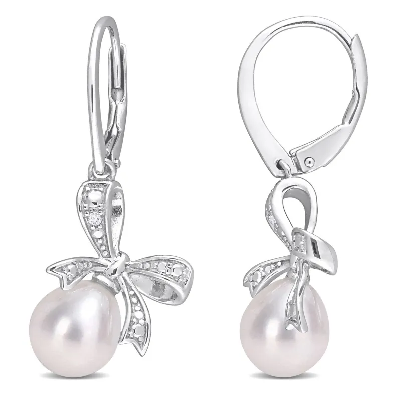 Miadora Sterling Silver Cultured FW Pearl & Diamond Accent Bow Leverback Drop Earrings (7.5-8mm) sold by Zulily