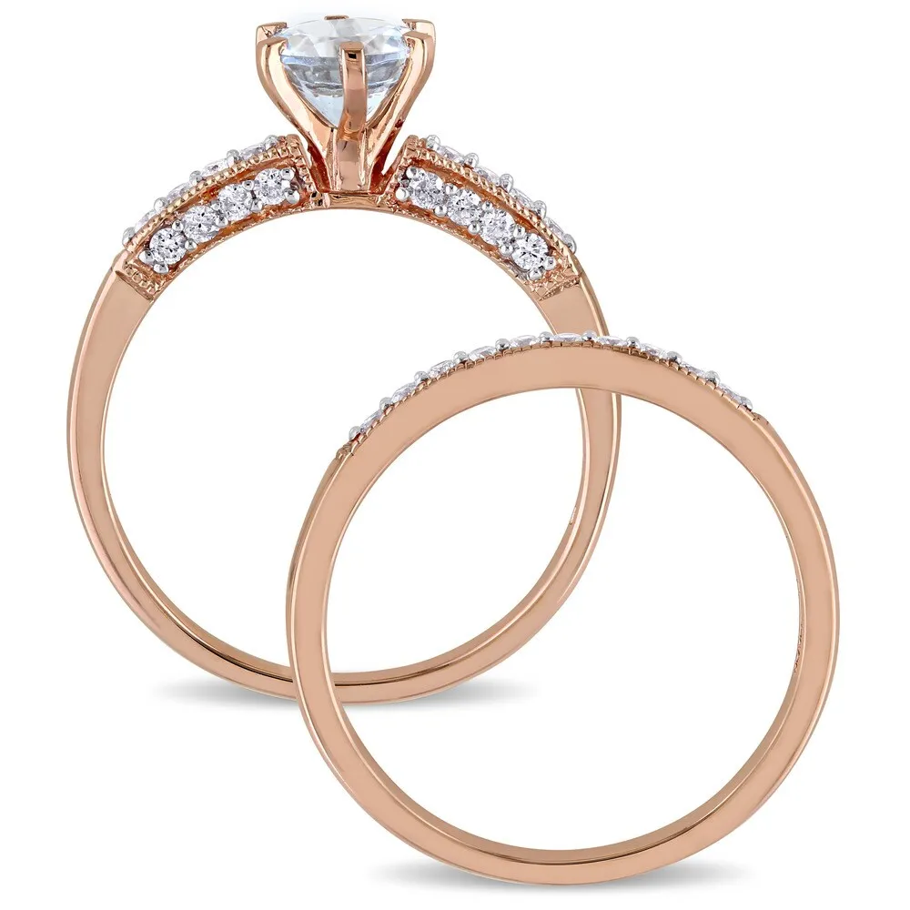 Miadora Signature Collection 10k Rose Gold 1/3ct TDW Diamond and Aquamarine Bridal Ring Set (G-H, I2 sold by Zulily product image thumbnail 3
