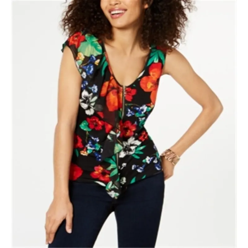 Thalia Sodi Women's Printed Ruffle Blouse Black Size Large sold by Zulily