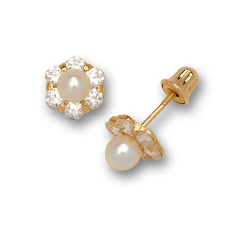 Curata 14k Yellow Gold Freshwater Cultured Pearl Cubic Zirconia Flower Screw Back Earrings - Orange sold by Zulily