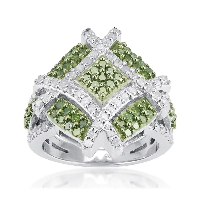 Sterling Silver 1 1/4ct TDW Green and White Diamond Square Ring sold by Zulily