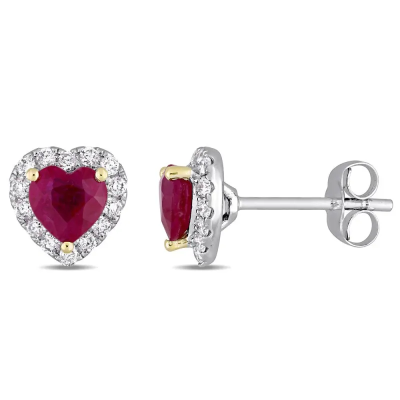Miadora Signature Collection 14k White Gold with Yellow Gold Prongs Heart-Cut Ruby 1/3ct TDW Diamond Halo Stud Earrings - Red sold by Zulily