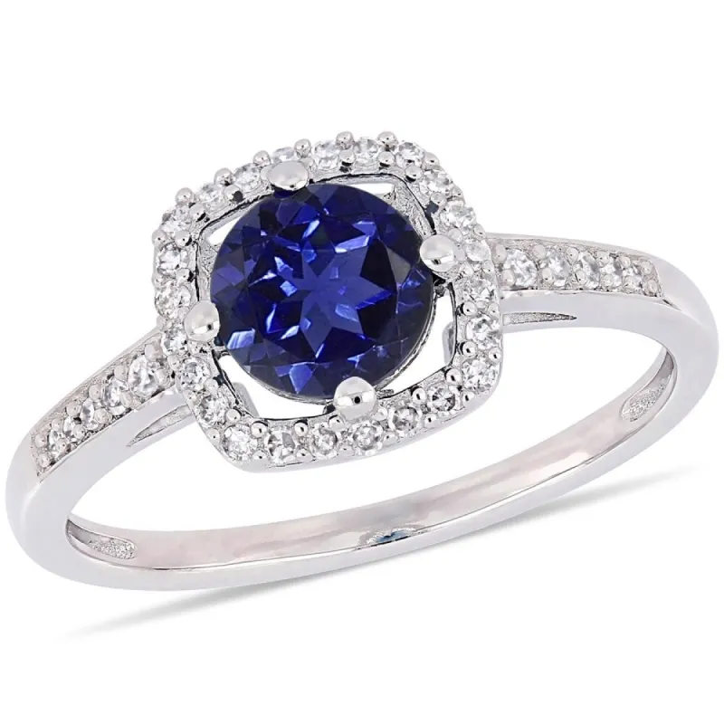 Miadora 10k White Gold Created Blue Sapphire and 1/7ct TDW Diamond Floating Square Halo Engagement Ring sold by Zulily