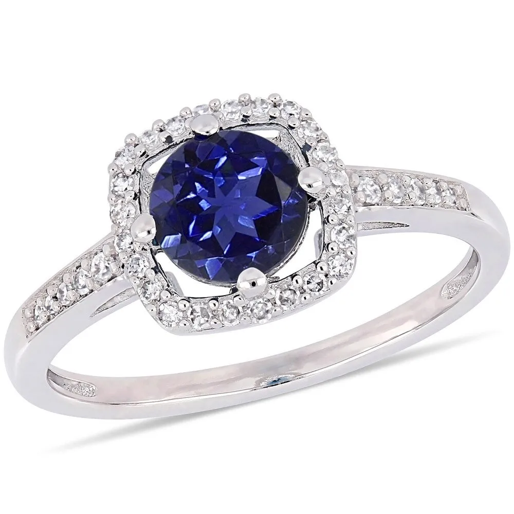 Miadora 10k White Gold Created Blue Sapphire and 1/7ct TDW Diamond Floating Square Halo Engagement Ring sold by Zulily