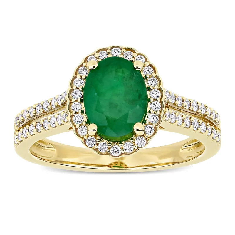 Miadora 14k Yellow Gold Oval-cut Emerald and 1/3ct TDW Diamond Halo Split Shank Engagement Ring sold by Zulily