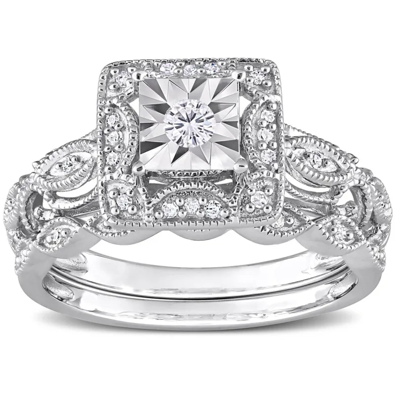 Miadora 1/5ct TDW Diamond Cushion Halo Bridal Ring Set in Sterling Silver sold by Zulily