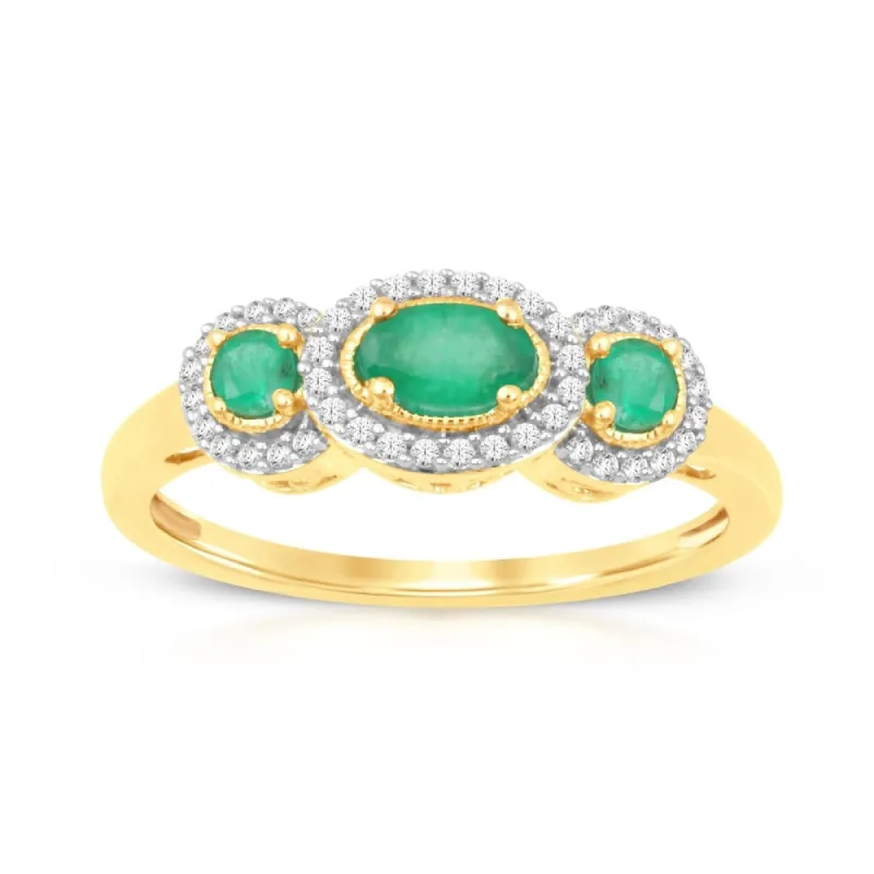 1/8ct TDW Diamond Gemstone Halo Three-Stone Ring in 10k Gold sold by Zulily