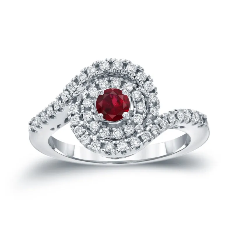 14k Gold 1/5ct Ruby and 3/5ct TDW Round Diamond Halo Engagement Ring sold by Zulily