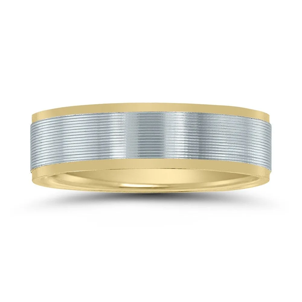 Men's 6mm Two Tone 10K White and Yellow Gold Wedding Band with Carved Center Design sold by Zulily