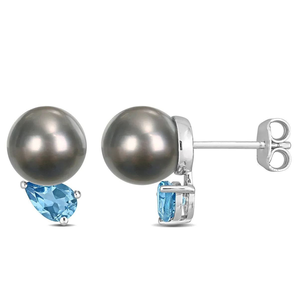 Miadora 8-9mm Black Tahitian Cultured Pearl and 1 CT TGW Swiss Blue Topaz Stud Earrings in Sterling Silver sold by Zulily
