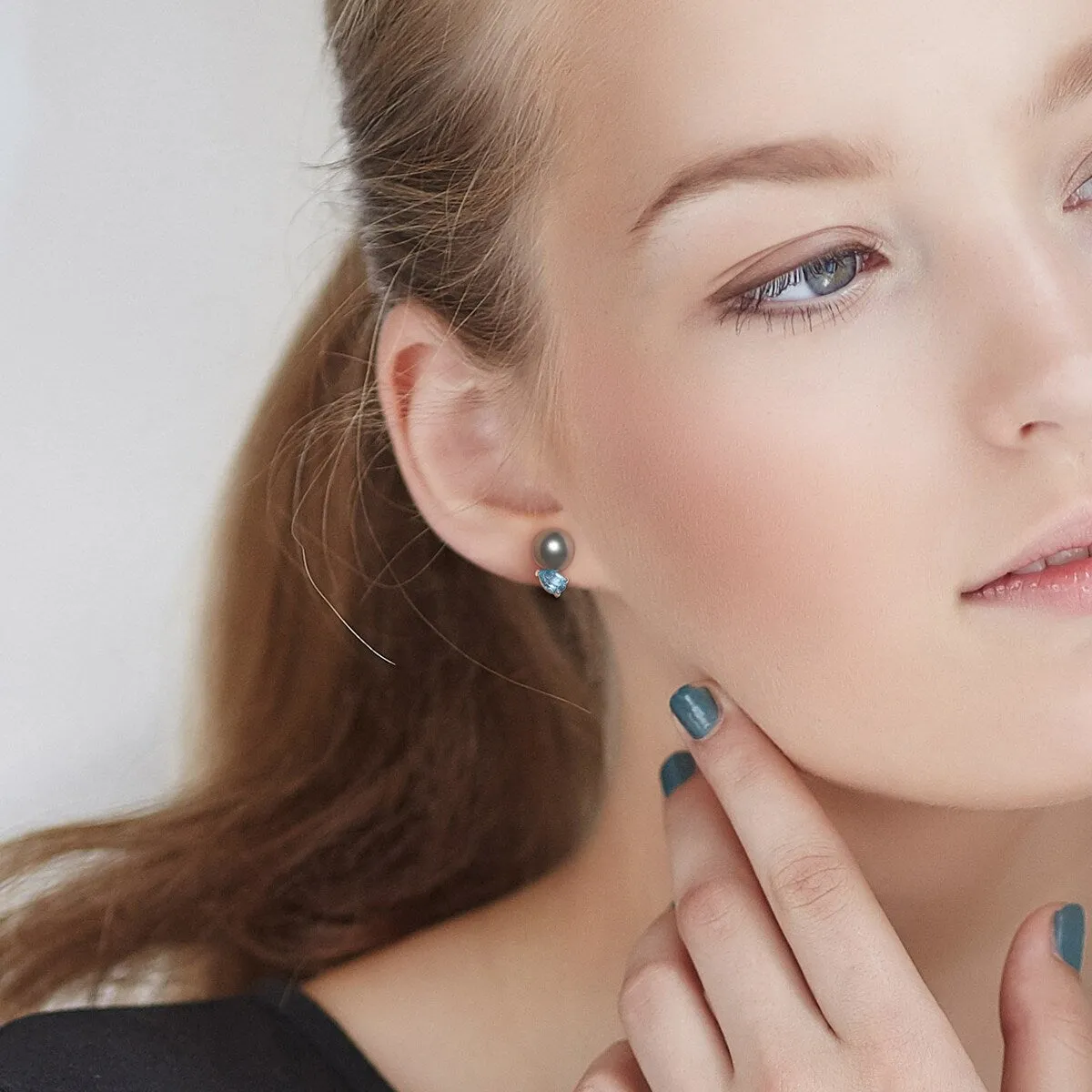 Miadora 8-9mm Black Tahitian Cultured Pearl and 1 CT TGW Swiss Blue Topaz Stud Earrings in Sterling Silver sold by Zulily product image thumbnail 4