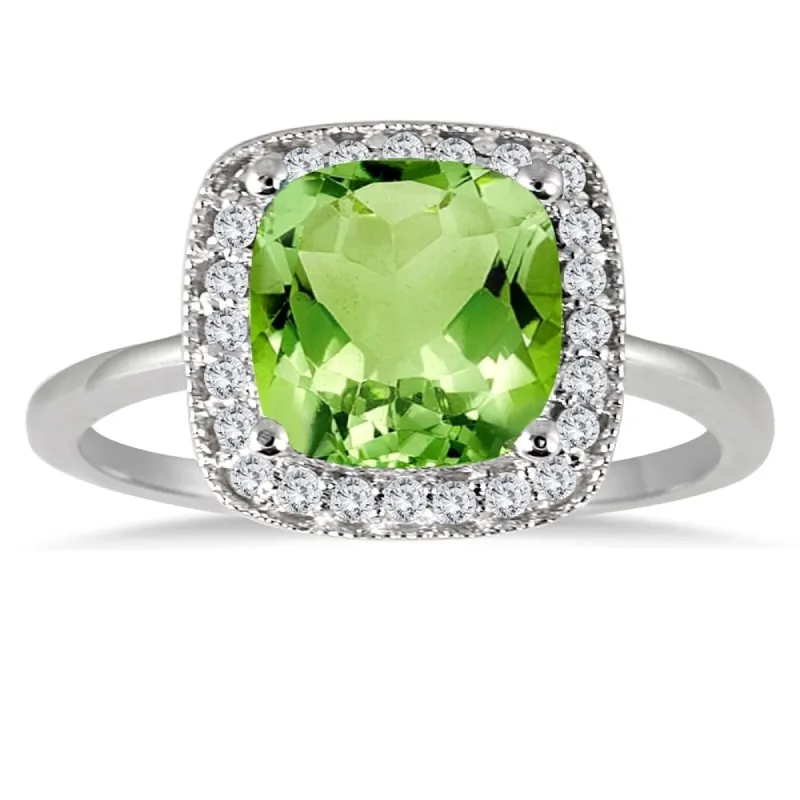 Cushion Cut Peridot and Diamond Halo Ring in 14K White Gold sold by Zulily