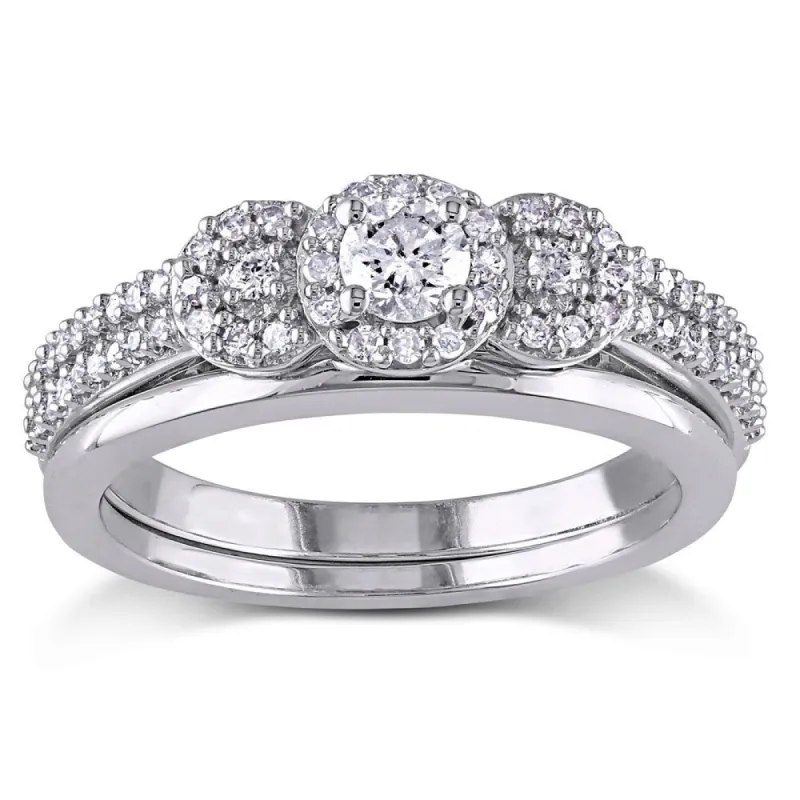 Miadora 10k White Gold 1/2ct TDW Diamond 3-stone Halo Bridal Ring Set sold by Zulily