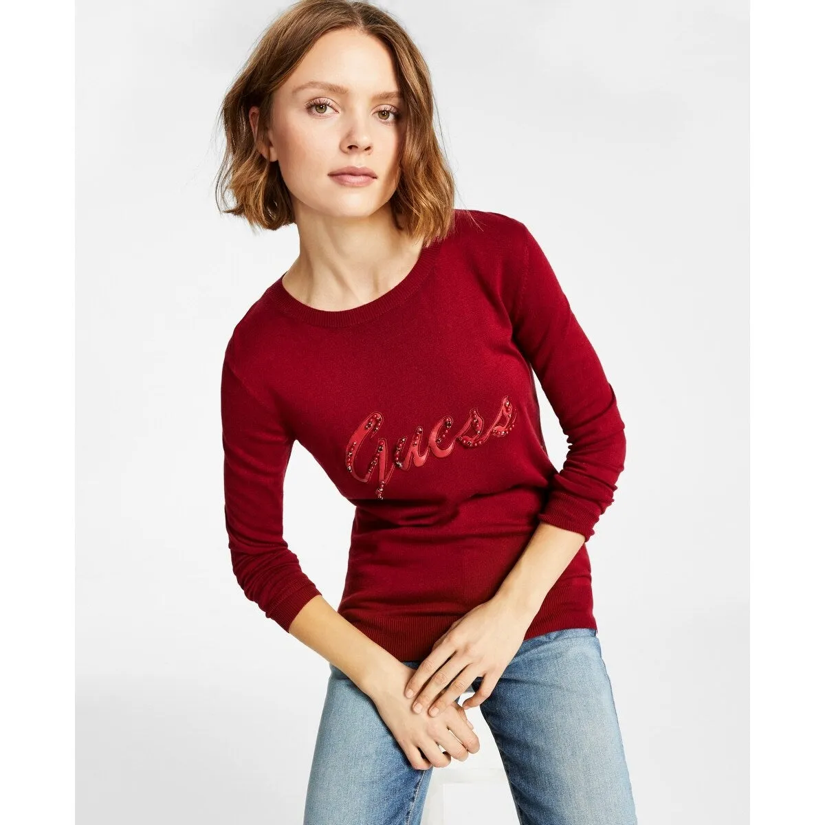 GUESS Women's Liliane Logo Long Sleeve Sweater Red Size Large sold by Zulily