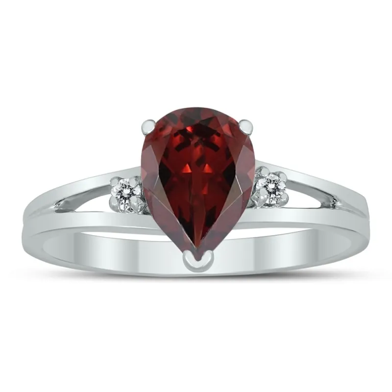 8X6MM Garnet and Diamond Pear Shaped Open Three Stone Ring in 10K White Gold sold by Zulily