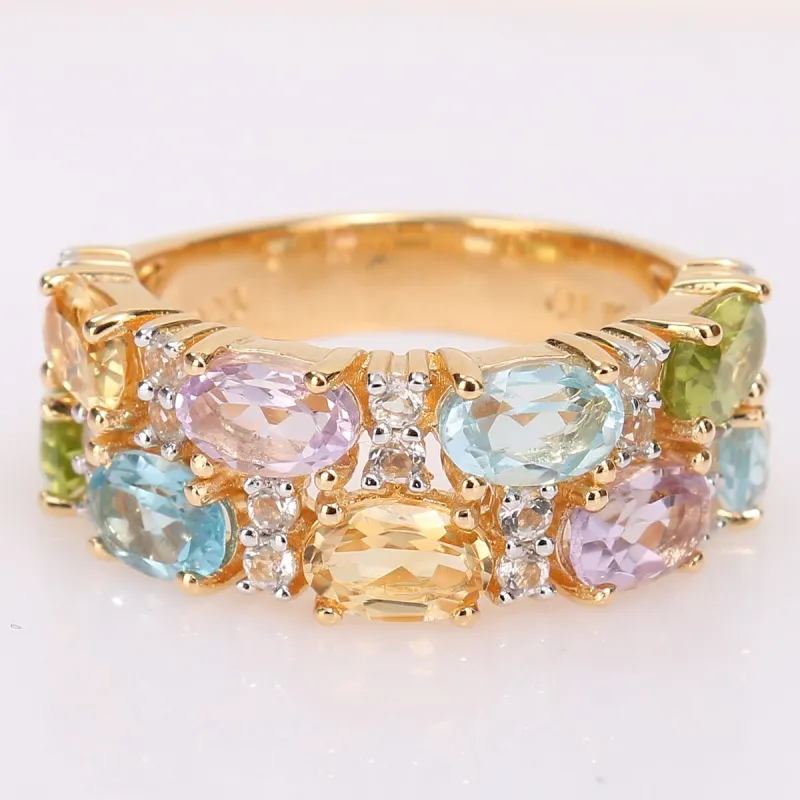 Multi Color Blue Topaz, Rose De France, Citrine & Peridot Mosaic Ring in Yellow Plated Sterling Silver by Miadora sold by Zulily