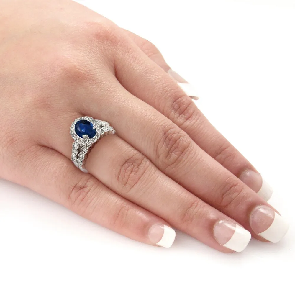 Auriya Vintage 2 1/2ct Sapphire Oval and 3/5ctw Halo Diamond Engagement Ring Set Platinum sold by Zulily product image thumbnail 2
