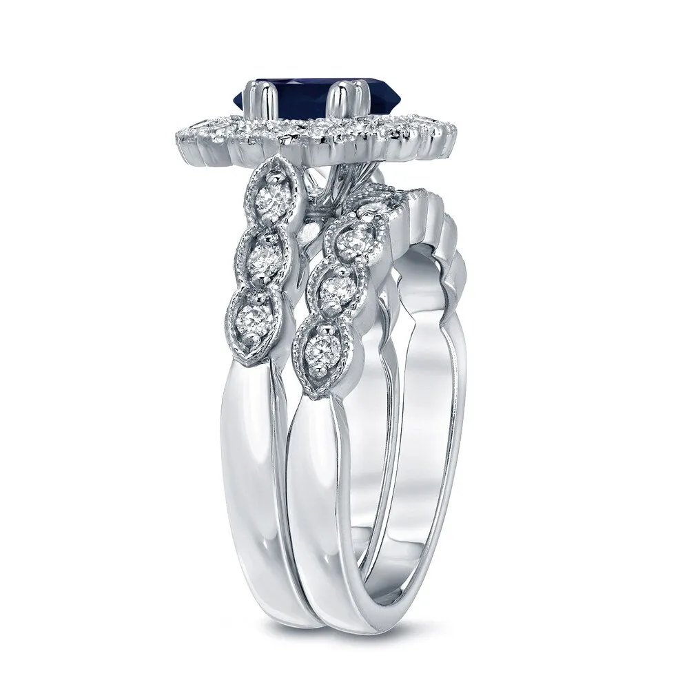 Auriya Vintage 2 1/2ct Sapphire Oval and 3/5ctw Halo Diamond Engagement Ring Set Platinum sold by Zulily product image thumbnail 4