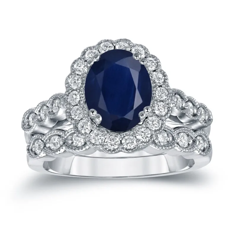 Auriya Vintage 2 1/2ct Sapphire Oval and 3/5ctw Halo Diamond Engagement Ring Set Platinum made by Zulily