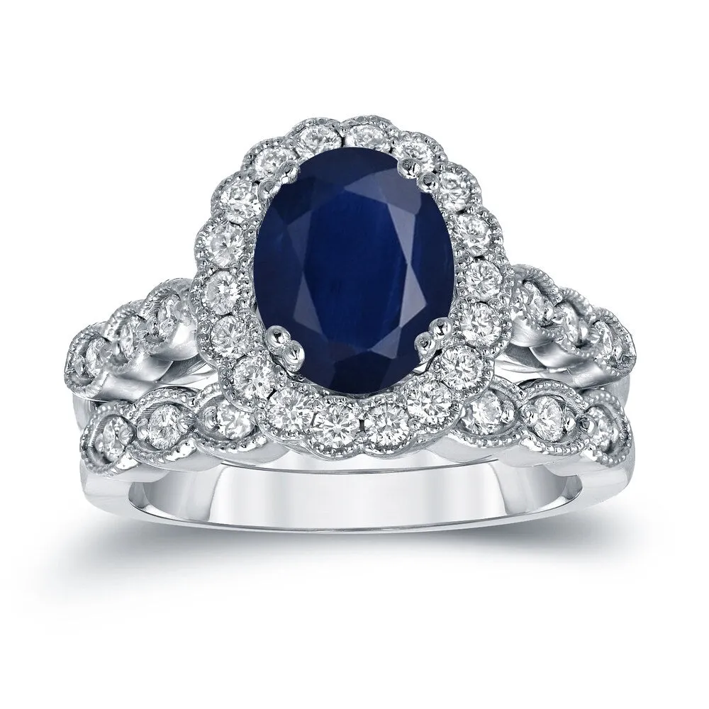 Auriya Vintage 2 1/2ct Sapphire Oval and 3/5ctw Halo Diamond Engagement Ring Set Platinum sold by Zulily