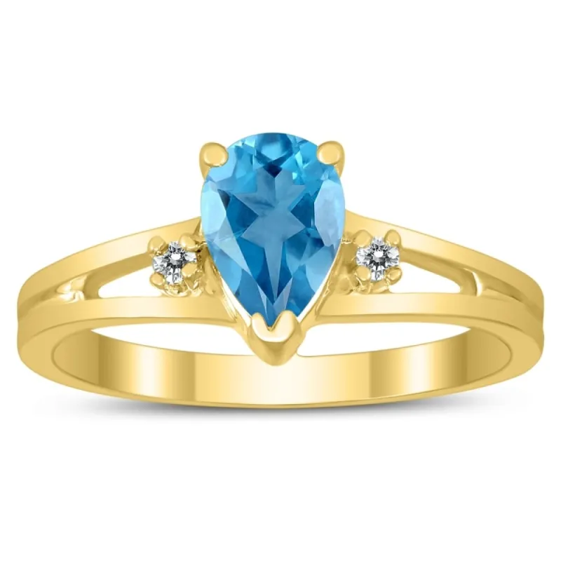 7X5MM Blue Topaz and Diamond Pear Shaped Open Three Stone Ring in 10K Yellow Gold sold by Zulily