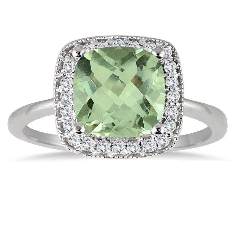 1.30 Carat Cushion Cut Green Amethyst and Diamond Ring in 14K White Gold sold by Zulily