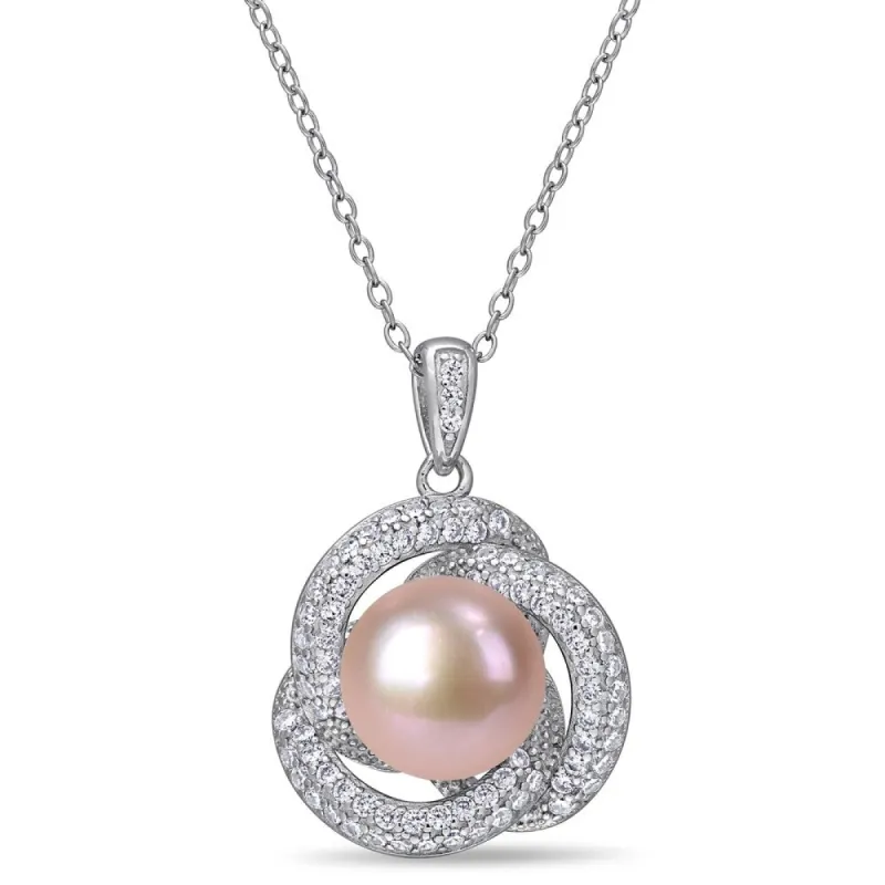 Miadora Sterling Silver Pink Cultured FW Pearl and CZ Swirl Halo Necklace (10-11 mm) sold by Zulily