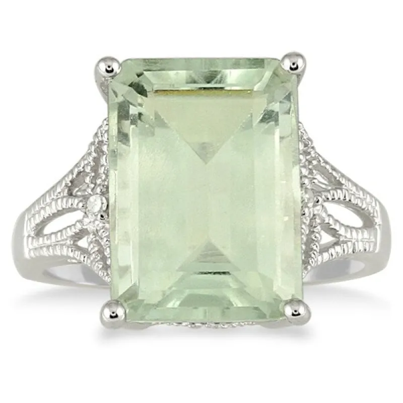 7 Carat Emerald Cut Green Amethyst and Diamond Ring in 10K White Gold sold by Zulily