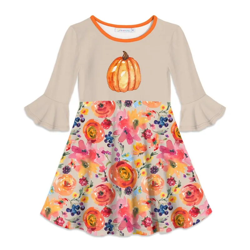 Beige & Orange Watercolor Floral Print Ruffle-Sleeve A-Line Dress sold by Zulily