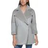 Calvin Klein Women's Pocketed Faux Leather Faux Shearling Collared Button Down Winter Jacket Coat Gray Size X-Small sold by Zulily