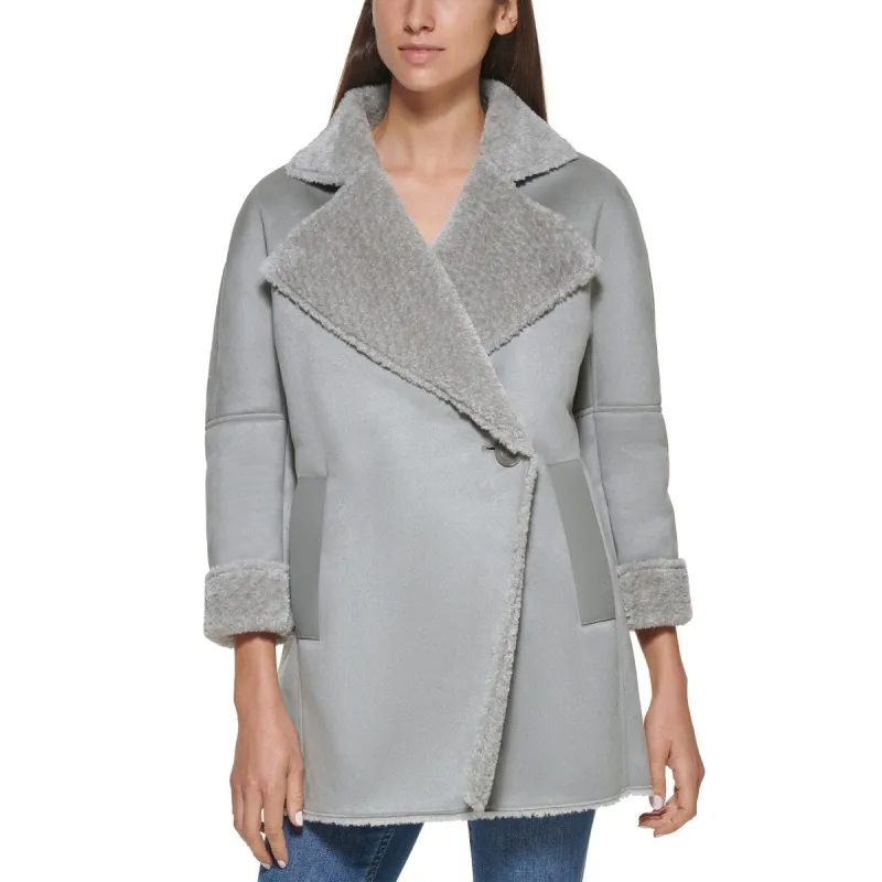 Calvin Klein Women's Pocketed Faux Leather Faux Shearling Collared Button Down Winter Jacket Coat Gray Size X-Small sold by Zulily