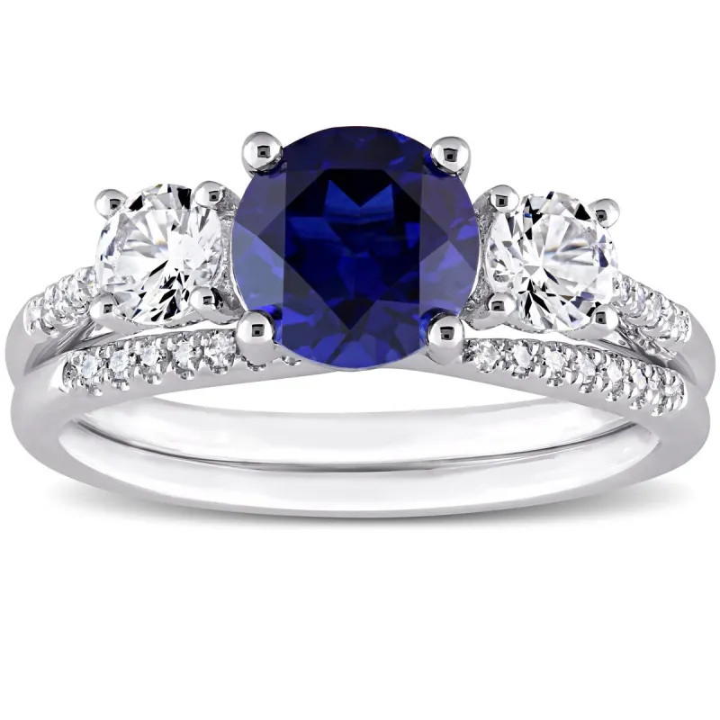 Miadora 10k White Gold Created Blue White Sapphire & 1/10ct TDW Diamond 3-Stone Bridal Ring Set sold by Zulily