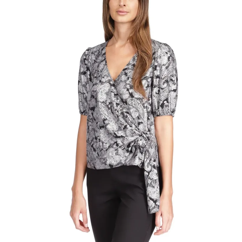 Michael Kors Women's Metallic Paisley Wrap Top Black Size X-Small sold by Zulily