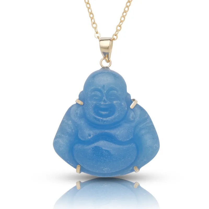Curata 14k Yellow Gold 18" Carved Dyed Blue Jade Buddha Eyes Pendant Necklace (22mm x 28mm) - 25mmx30mm sold by Zulily