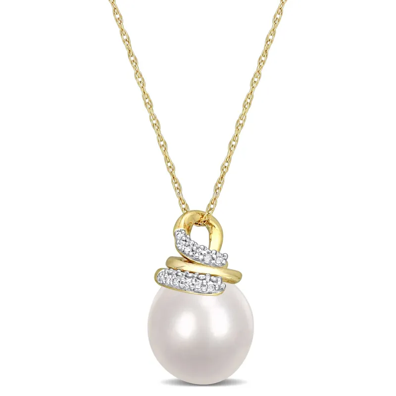 Miadora 1/10 CT Diamond 9-10mm White South Sea Cultured Pearl Fashion Pendant with Chain 10k Yellow Gold sold by Zulily