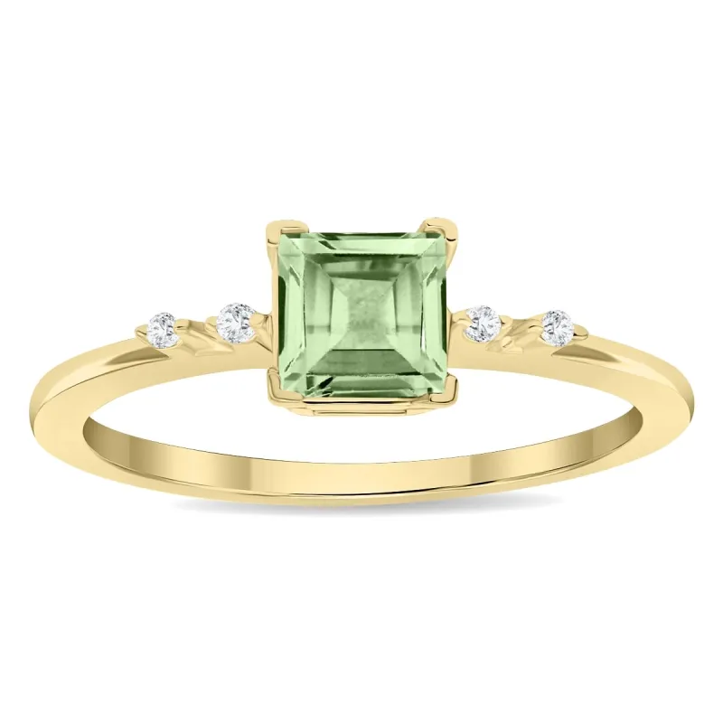 Women's Square Shaped Green Amethyst and Diamond Sparkle Ring in 10K Yellow Gold sold by Zulily