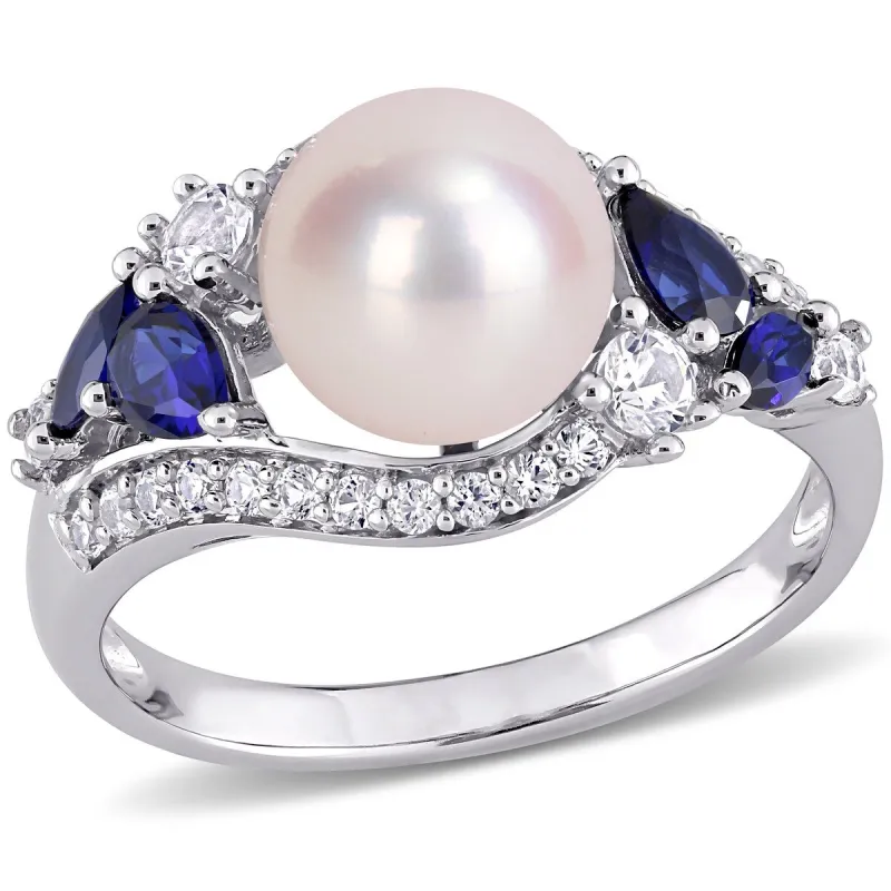 Miadora 10k White Gold Cultured FW Pearl with Created Blue & White Sapphire Pearl Ring (8-8.5mm) sold by Zulily