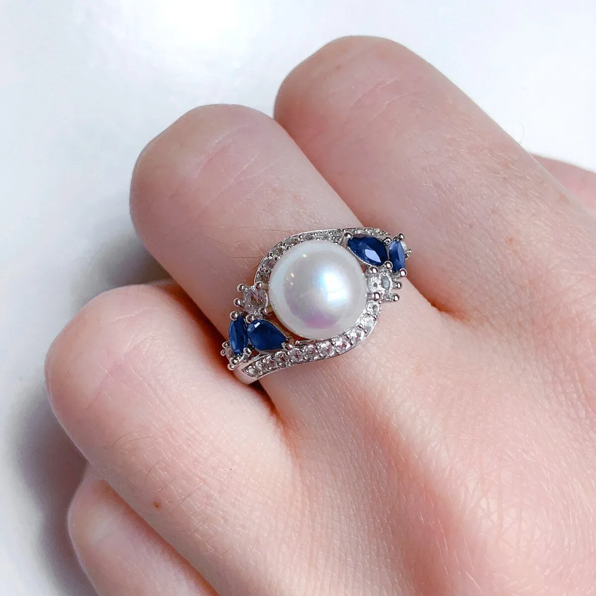 Miadora 10k White Gold Cultured FW Pearl with Created Blue & White Sapphire Pearl Ring (8-8.5mm) sold by Zulily product image thumbnail 2