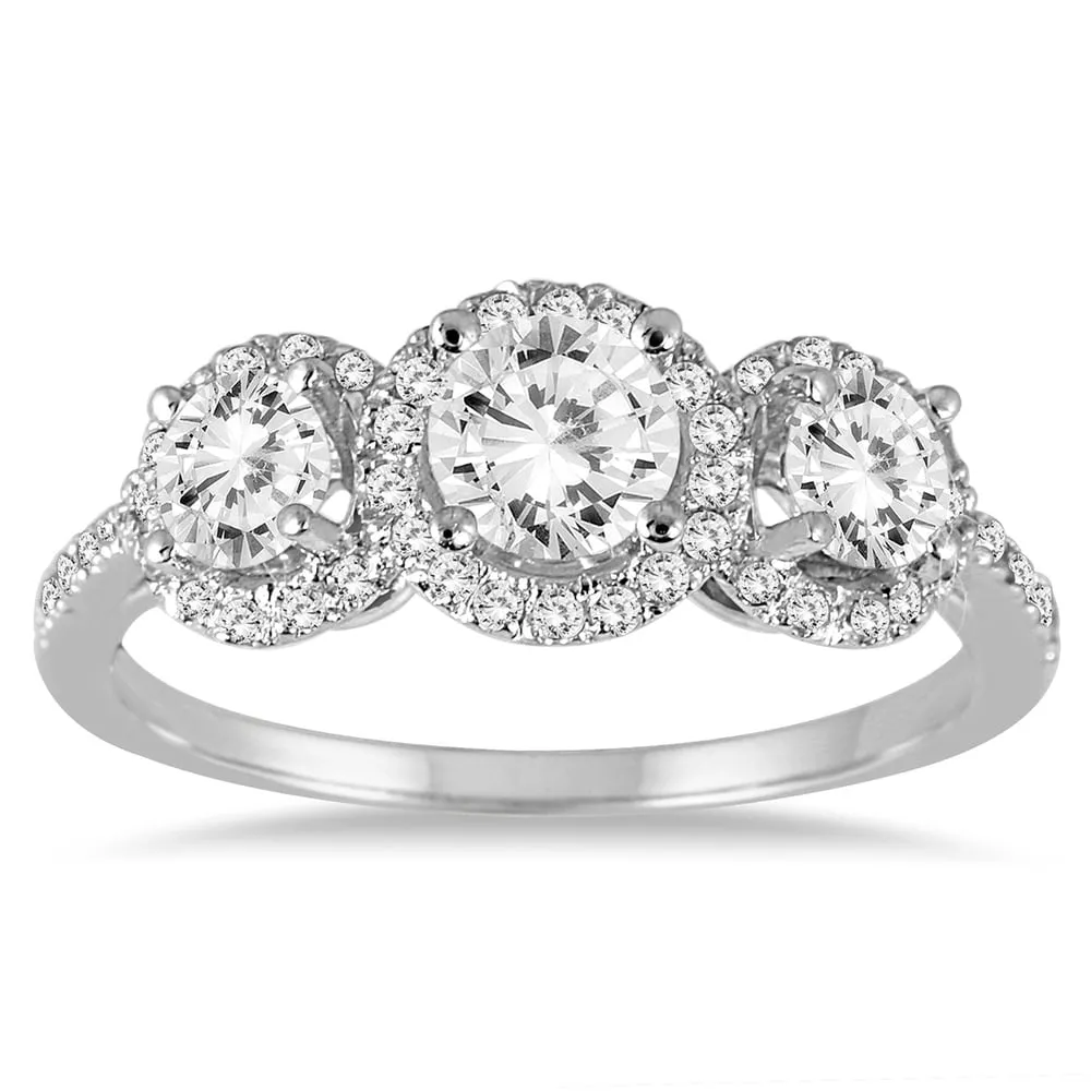 1 1/3 Carat TW Diamond Three Stone Halo Ring in 14K White Gold sold by Zulily