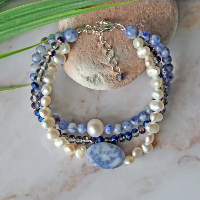Sodalite Cultured Pearl & Crystals Multi Strand Bracelet sold by Zulily