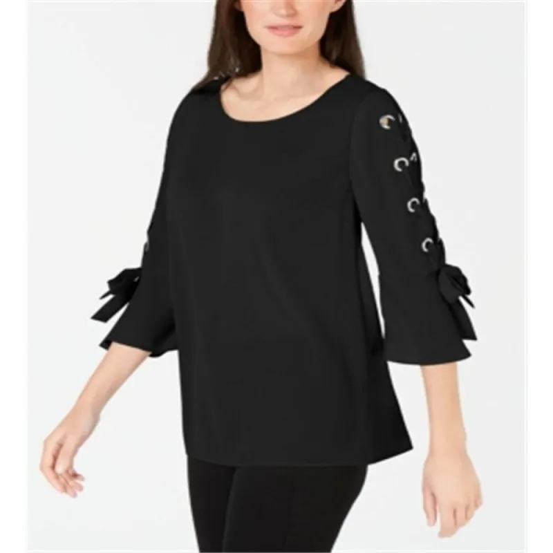 JM Collection Women's Laced Grommet Sleeve Top Black Size Large sold by Zulily