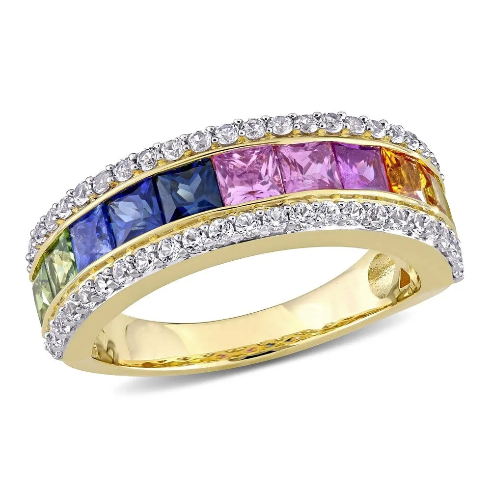 Miadora 14k Yellow Gold Multi-color Square -cut Sapphire Halo Eternity Band Ring sold by Zulily