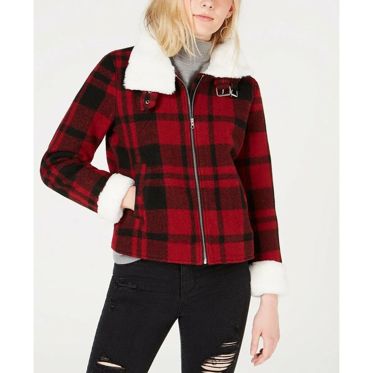 Coffee Shop Juniors Women's Faux-Faux-Collar Plaid Jacket Red/Black Size Small sold by Zulily