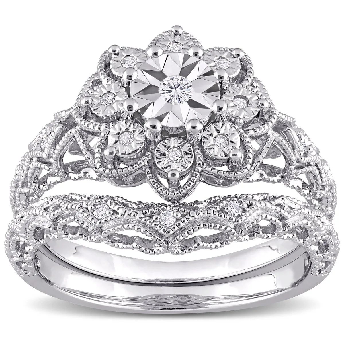 Miadora Sterling Silver 1/10ct TDW Diamond Floral Vintage Bridal Ring Set sold by Zulily product image thumbnail 3
